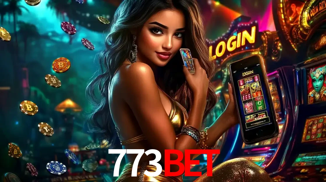 Mulher em um cenário de cassino temático de aventura, mostrando o app de caça-níqueis da 773BET no celular. Fichas de apostas flutuam ao redor.