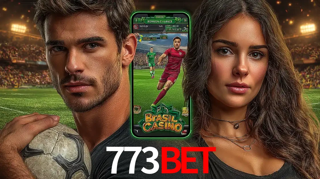 Homem segurando uma bola de futebol e uma mulher ao lado de um smartphone exibindo o jogo de apostas esportivas da 773BET. Faça seu palpite no cassino online.